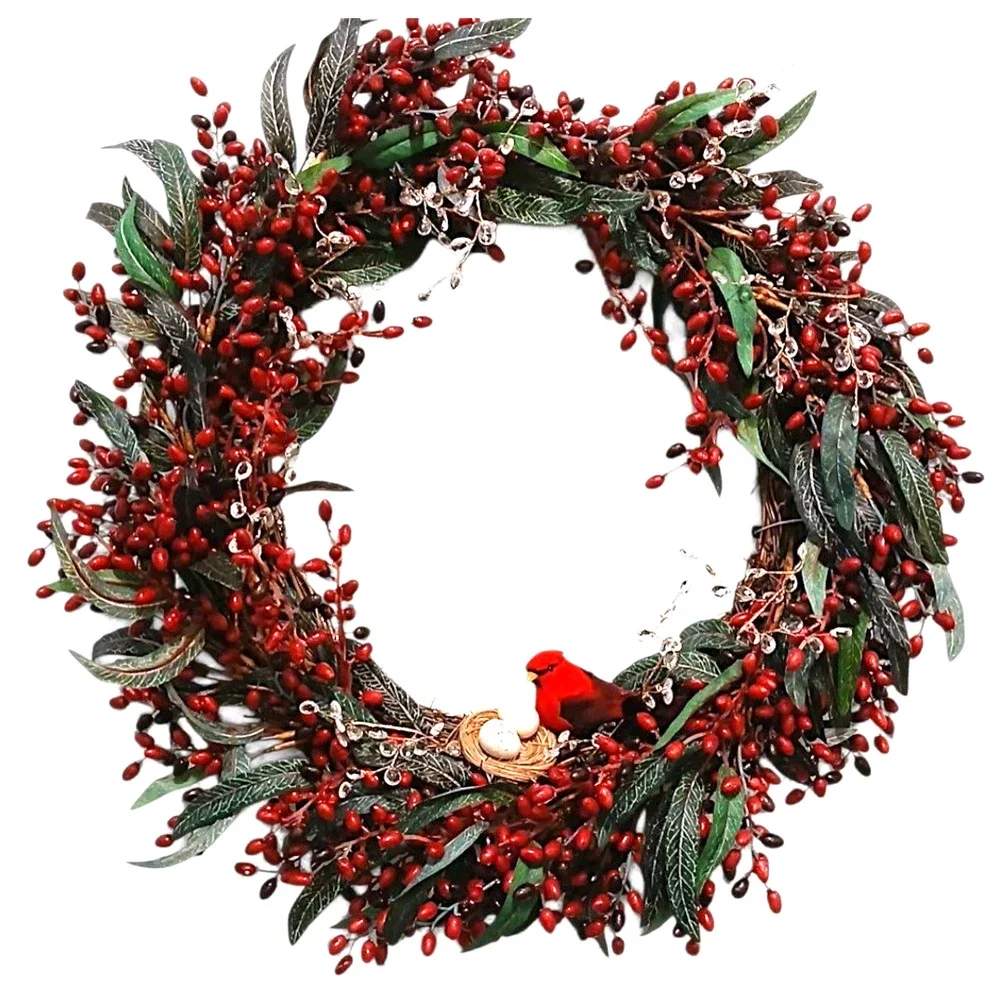 Winter Berries Door Wreath Realistic Red CARDINAL‎ Egg Nest Holiday Ice Crystals